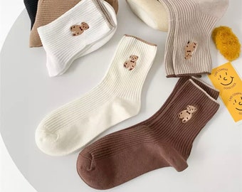 3 Pairs Of Bear Embroidered Women Socks | Comfortable Socks Set