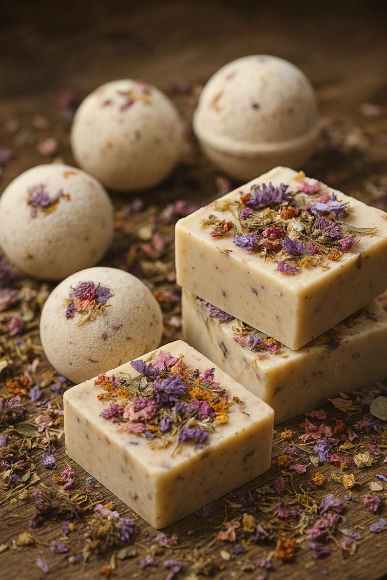 May include: A close-up of bath products, including four round bath bombs and three square soaps. The soaps and bath bombs are light beige and decorated with dried flowers in shades of purple, pink, and yellow. The products are arranged on a wooden surface.