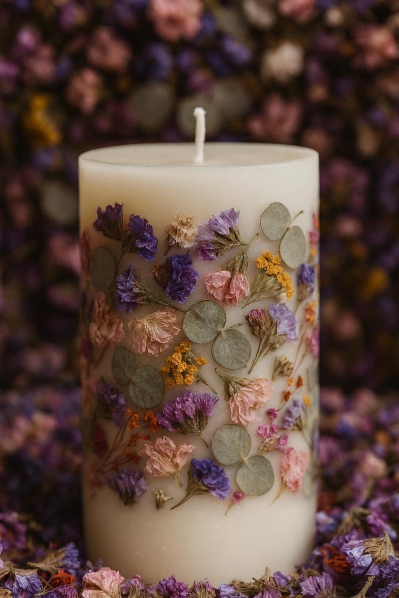 May include: A white pillar candle adorned with pressed flowers in shades of purple, pink, yellow, and green. The candle has a single white wick and is surrounded by dried flowers.