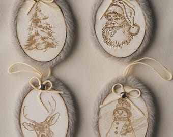 Juego de 4 adornos navideños, decoración de árbol de madera quemada, decoración navideña rústica de granja, regalo de bosque