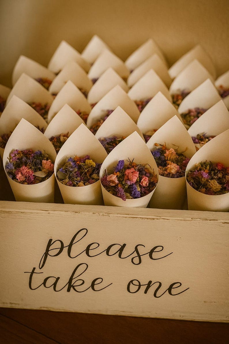 May include: A display of paper cones filled with dried flowers in shades of pink, purple, orange, and yellow. The cones are arranged in a wooden box with the words "please take one" written on the front.