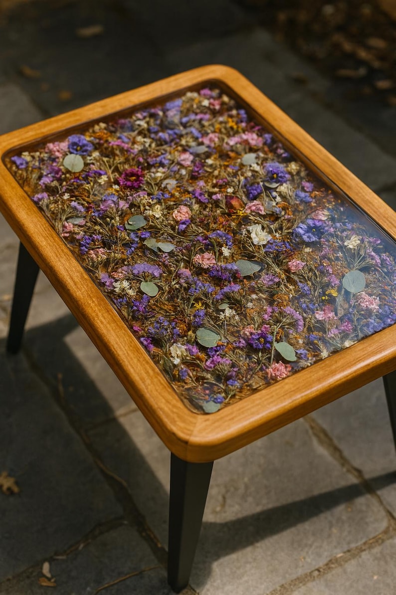 May include: A rectangular coffee table with a clear resin top filled with dried flowers in shades of purple, pink, and white. The table has a light brown wooden frame and black legs.