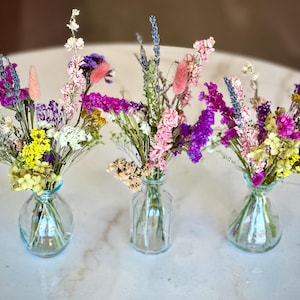Set of 3 Bud Vase Bouquets, Wild Field Dried Flowers in Glass VasesDry Flowers, Summer Wedding Centerpiece, Colorful Mix Dry Floral Blooms