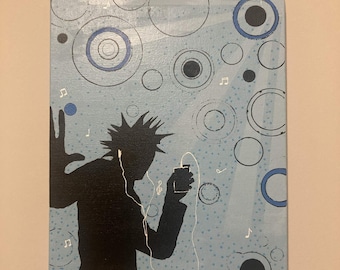 Cuadro sobre lienzo de 11 x 14 pulgadas, estilo metro Frutiger, en azul y negro.