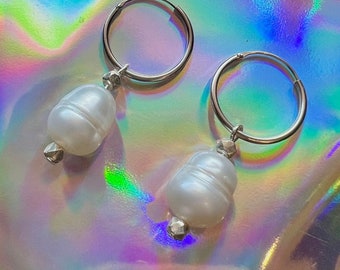 Natural Pearl Dangle Hoop  Earrings