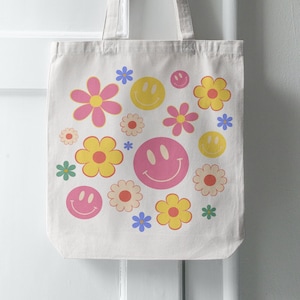 Groovy Smile Face SVG PNG, groovy Blumen SVG, Tote Bag SVG, Trendy Tote Bag SVG, Tote Bag Design SVG, Cricut, Strandtasche svg, Canvas Tasche