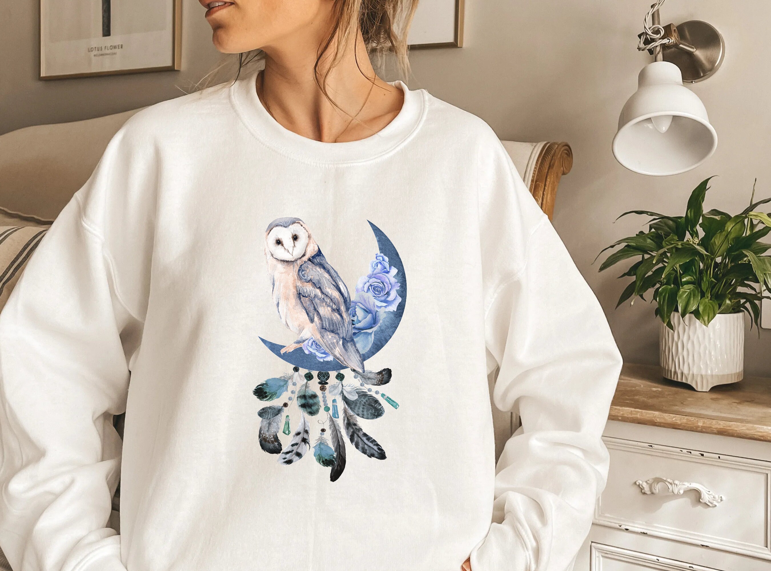 Owl Sweatshirt, Boho Nature Top, Barn Owl, Dreamcatcher, Spirit Animal, Spiritual Clothes, Metaphysi