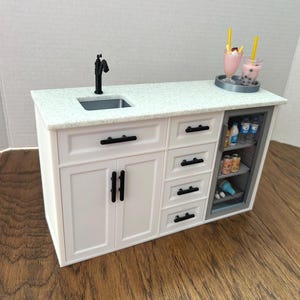 1:6 Scale beverage bar station/ miniature wet bar/ coffee station bar/wine bar cabinet/Dollhouse Kitchen Furniture with mini Fridge and Sink
