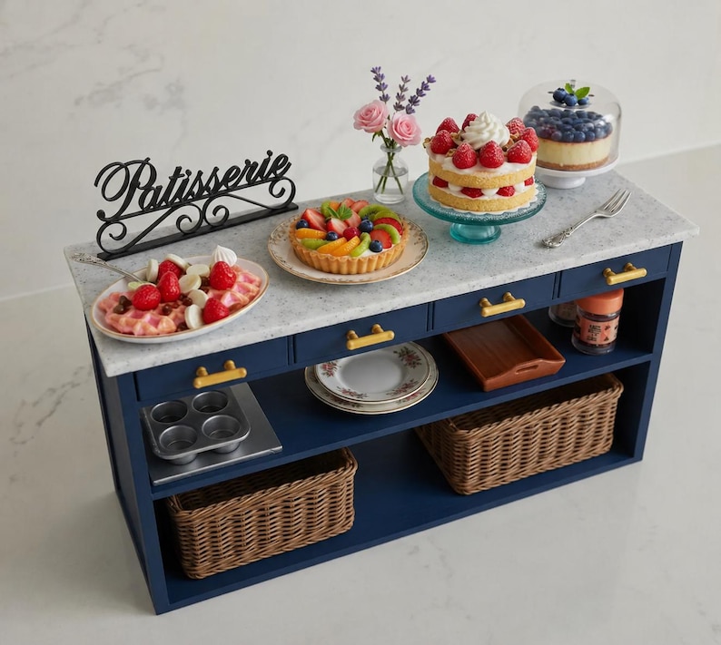 Pu&ograve; includere: Un'isola da cucina in miniatura blu navy con piano in marmo bianco, maniglie dorate e due cesti in vimini. La superficie presenta un'insegna nera Patisserie, un waffle con fragole, una crostata di frutta e diverse torte in miniatura.