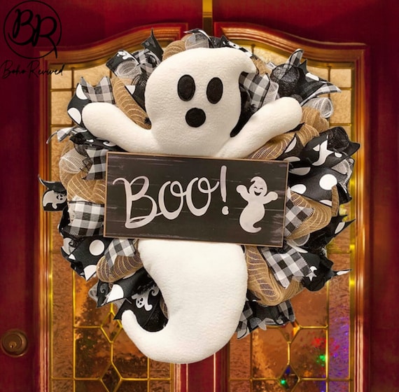 Halloween Ghost Wreath Farmhouse, Boo Ghost Wreath Handmade for Front Door, Halloween Swag, Door Mesh Swag, Halloween Decoration