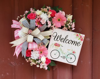 Welcome porch door wreath, mint and pink bicycle welcome sign