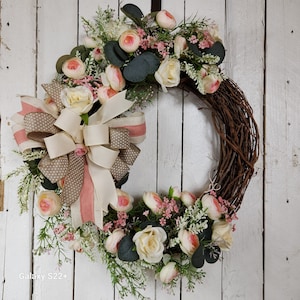shabby neutral door decor, cottage core porch decor, romantic home decor, boho floral wreath, shabby chic wreath wall hanging