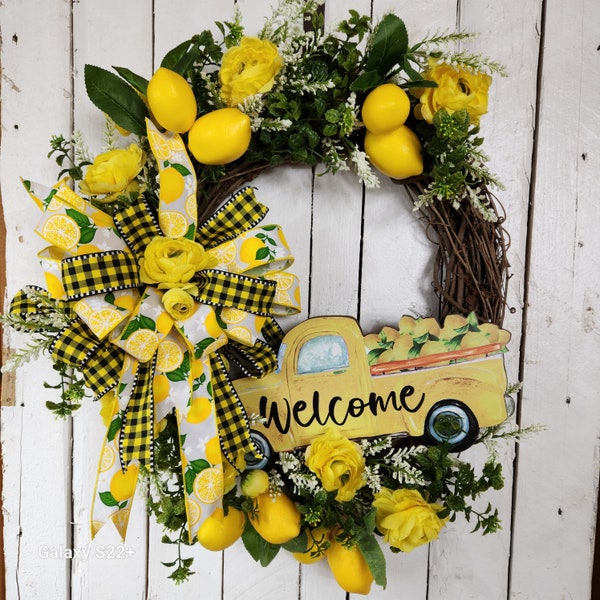 Lemon front door wreath, country gingham porch decor, vintage truck porch decor, lemon sunroom home decor