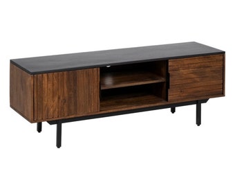 TV Stand, TV Console with Storage Cabinets and Iron Base, Media Console for Living Room, Rustic Brown and Black (140 x 40 x 50 cm)