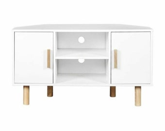 Table TV moderne en bois pour salon, meuble TV d'angle avec deux portes et étagères, blanc (100 x 55 cm)