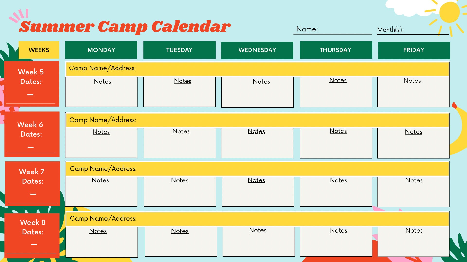 Summer Camp Calendar Etsy