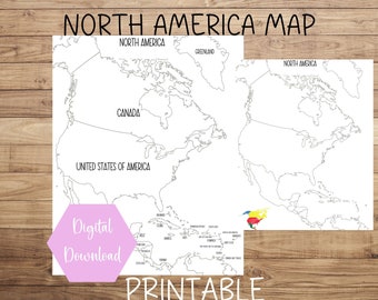 May include: A printable black and white outline map of North America. The map includes the countries of Canada, the United States of America, Greenland, and the Caribbean islands. The text "NORTH AMERICA MAP" is at the top of the map. The text "Digital Download" is in a pink hexagon shape at the bottom left of the map. The text "PRINTABLE" is at the bottom center of the map.