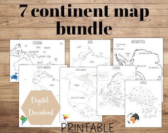 7 Continent Map Bundle Printable, Travel Tracker, Etsy Sales Map, Printable 7 Continents Map, Geography, Homeschool Geography, PDF Download