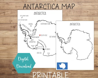 May include: A printable black and white map of Antarctica with labels for key geographical features, including the South Pole, Vinson Massif, and Mount Erebus. The map also includes the Antarctic flag.