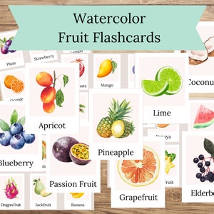 FRUITS AQUARELLE, 64 cartes-éclair Montessori, Cartes-éclair imprimables, Cartes-éclair imprimables pour enfants, Cartes-éclair éducatives, Cartes-éclair enfants