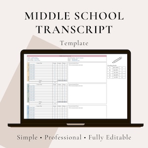 May include: A digital middle school transcript template displayed on a laptop screen. The document features sections for student information, course titles, grades, credits, and a grading scale. The text reads Middle School Transcript Template.