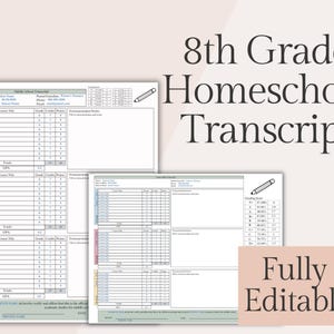 May include: A printable 8th Grade Homeschool Transcript document featuring a structured layout with fields for student information, course titles, grades, credits, and GPA. The form includes a grading scale and is labeled as fully editable.