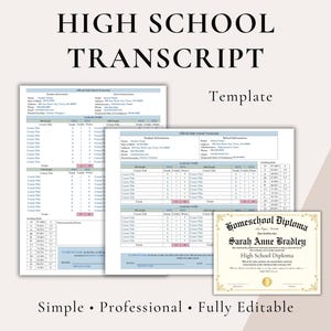 以下が含まれることがあります： 高校の成績証明書テンプレートとホームスクール卒業証書。成績証明書には、生徒と学校の情報、学業プロフィール、成績評価基準のセクションが含まれています。卒業証書にはSarah Anne Bradleyという名前が記載されています。