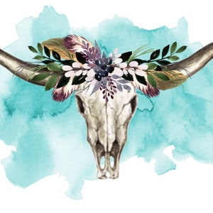 Watercolor Longhorn, Western, Country, Boho - PNG, JPEG