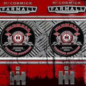 May include: A graphic featuring the McCormick Farmall logo. The design includes the Farmall name in a rectangular frame, and two circular emblems with the Farmall name, the IH logo, and the text "Made in America." The background is a mix of red and diamond-plate metal.
