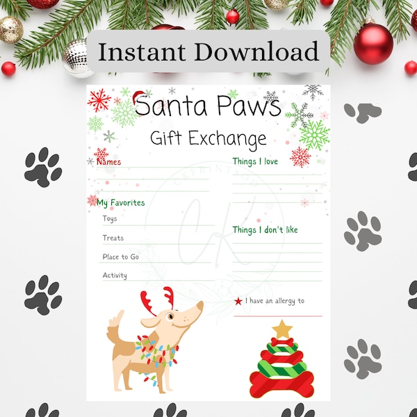 Santa Paws Claus Pet Party Printable Questionnaire, Dog Cat Mom Christmas Party Gift Exchange Form Questionnaire, Pet Christmas Lover Gift