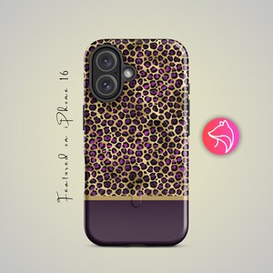 May include: A phone case with a leopard print design in gold and purple. The bottom section is solid purple, and the text "Featured on iPhone 16" is written on the side. A pink and white logo is on the right.