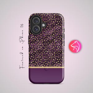 May include: Purple iPhone 16 case with a gold and black leopard print pattern. The bottom section is solid purple with a gold stripe separating the two sections. The text "Featured on iPhone 16" is written on the left side.