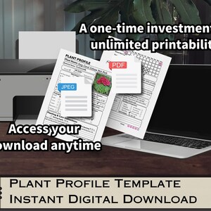以下が含まれることがあります： 印刷可能な植物プロファイルテンプレートのデジタルダウンロード。テンプレートはコンピューターの画面とプリンターに表示されます。テンプレートには、植物名、一般名、植物コード、生育条件などのセクションが含まれています。また、「いつでもダウンロードにアクセスできます」というテキストも表示されます。