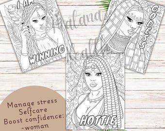 Peut inclure: Trois pages de coloriage en noir et blanc avec des illustrations de femmes et du texte. L'une dit "I AM WINNING", une autre dit "GODDESS", et la troisième dit "HOTTIE". Les pages sont entourées d'illustrations botaniques.