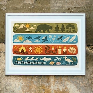 May include: A framed art print with four horizontal panels of nature illustrations. The top panel shows a mountain, sun, bear, and trees. The second panel depicts a sun, birds, and feathers. The third panel has a fire, lightning, sun, snake, and candles. The bottom panel shows waves, a fish, and a bird.