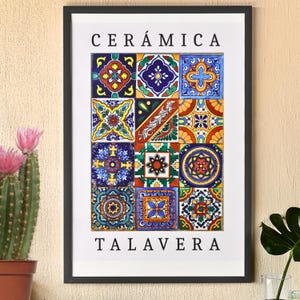タラベラ焼きタイルポスター、メキシコ民芸プリント、鮮やかなメキシコタイルウォールアート、カラフルな民芸ウォールアート、ボヘミアンキッチンプリント