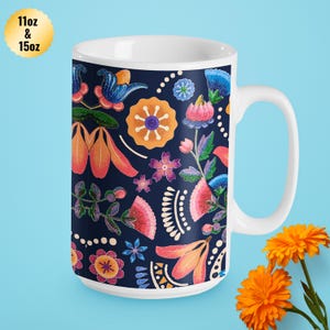 Caneca Floral Mexicana de Arte Popular, Caneca de Café com Flores Coloridas, Caneca com Estampa Étnica Boho, Caneca Vibrante em Estilo Talavera