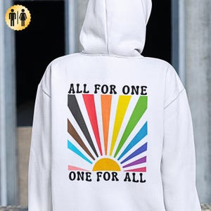 Bluza z kapturem unisex Solidarity Unity, bluza z tęczowym słońcem All For One, bluza z kapturem z pozytywnym przesłaniem, bluza z nadrukiem Harmony Back