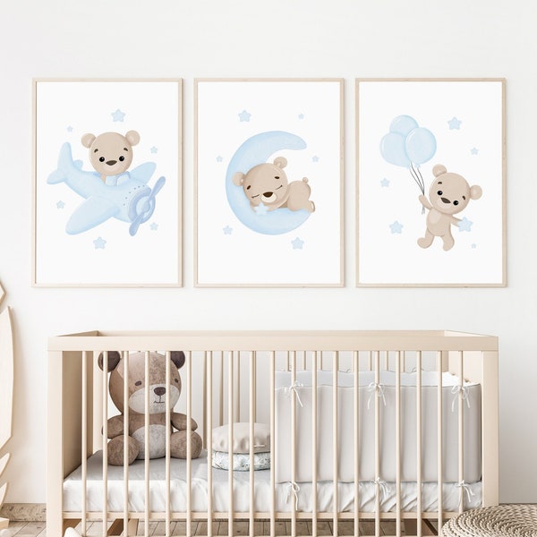 Set of 3 Teddy Bear Print, Nursery Decor, New Baby Boy Printable, Blue Nursery Poster, Cute Balloon Wall Decor, Instant Download Nursery