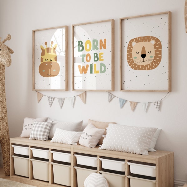 Boho Nursery Wall Art Decor, Safari Green Prints, Baby Boy Nursery, Set of 3 African Jungle Animals, Lion, Giraffe, Boho Kids Room Poster