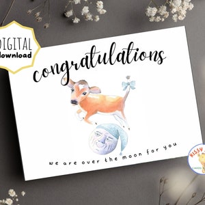 Druckbare Baby Shower Karte, Glückwünsche, Kuh über den Mond gesprungen Karte, neue Baby Karte Instant Download