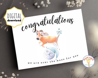 Utskrivbart babyshowerkort, grattis, kon hoppade över månen-kort, nyföddkort för direktnedladdning