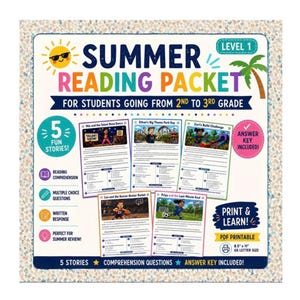 Könnte beinhalten: Ein Sommer-Lesepaket für Schüler beim Übergang von der 2. in die 3. Klasse, Level 1. Das Dokument enthält fünf Geschichten mit Leseverständnis, Multiple-Choice-Fragen und schriftlichen Antworten. Es enthält einen Lösungsschlüssel und misst 21,59 x 27,94 cm.