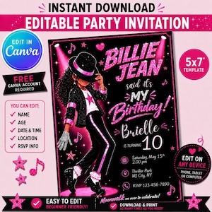 Könnte beinhalten: Eine bearbeitbare Party-Einladungsvorlage im Format 13x18 cm mit schwarzem und pinkem Design und einer Grafik einer Person in Paillettenjacke, Hut und Handschuh. Der Text lautet Billie Jean said it's my birthday, Brielle is turning 10, mit Veranstaltungsdetails.