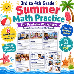 May include: A set of 3rd to 4th grade summer math practice printable worksheets featuring six pages plus an answer key. The colorful design includes a yellow sun, a beach ball, a pink popsicle, a starfish, and a sandcastle with blue waves.