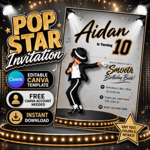 Könnte beinhalten: Eine digitale Geburtstagseinladungsvorlage im Popstar-Thema mit goldenen und schwarzen Akzenten. Der Text lautet POP STAR Invitation, Aidan Is Turning 10 und You've Been Hit By A Smooth Birthday Bash, mit Details für Samstag, den 15. Mai um 14:00 Uhr.