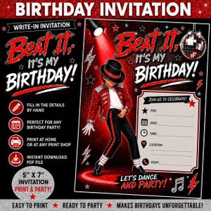 May include: A 5 inch by 7 inch birthday invitation template featuring a performer in a red jacket, black pants, and fedora under a spotlight. The design includes a disco ball, lightning bolts, and text reading Beat It, It's My Birthday, with blank lines for party details.