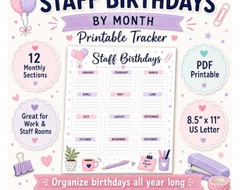 Staff Birthdays by Month Printable | Office Birthday Tracker | Coworker Birthday List | Workplace Planner | Digital Download