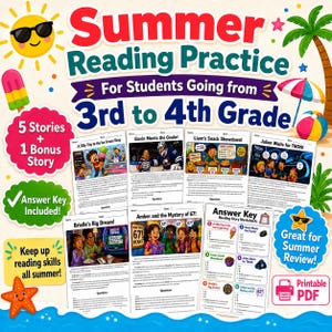 Sommer Lese Paket 3.-4 Klasse | Leseverstehen Arbeitsblätter | 5 Kurze Geschichten + Fragen | Sommer druckbare PDF