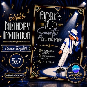 Könnte beinhalten: Eine digitale Geburtstagseinladungsvorlage mit dunkelblauem Hintergrund, goldenen Art-déco-Rahmen und Noten. Der Text lautet Aidan's 10th Smooth Birthday Party, ergänzt durch die Illustration einer Person im weißen Anzug mit Fedora-Hut.